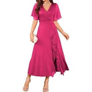 New Womens Hot-pink V Neck Flared Sleeve Split Semi Formal Modest Gowns